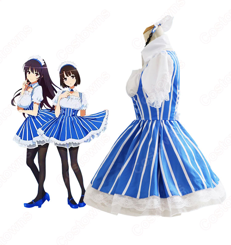 加藤恵 メイド服 コスプレ衣装『冴えない彼女の育てかた』青と白のストライプのロリータ風 cosplay衣装 アニメ 萌え 仮装 コスチューム-8