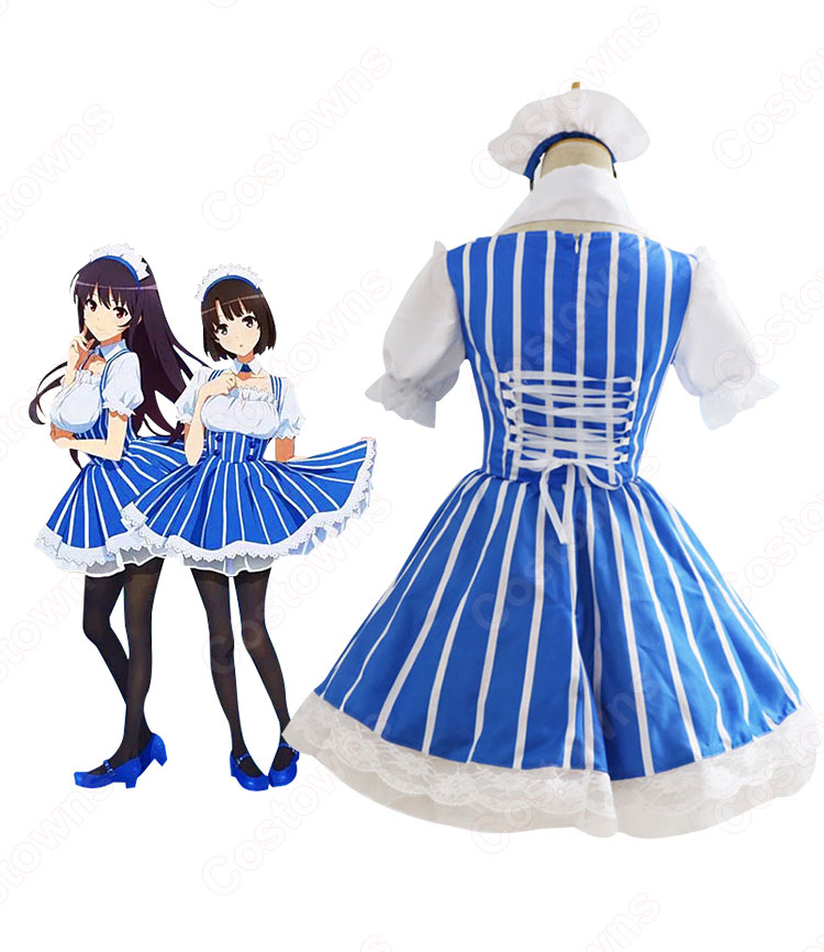 加藤恵 メイド服 コスプレ衣装『冴えない彼女の育てかた』青と白のストライプのロリータ風 cosplay衣装 アニメ 萌え 仮装 コスチューム-9