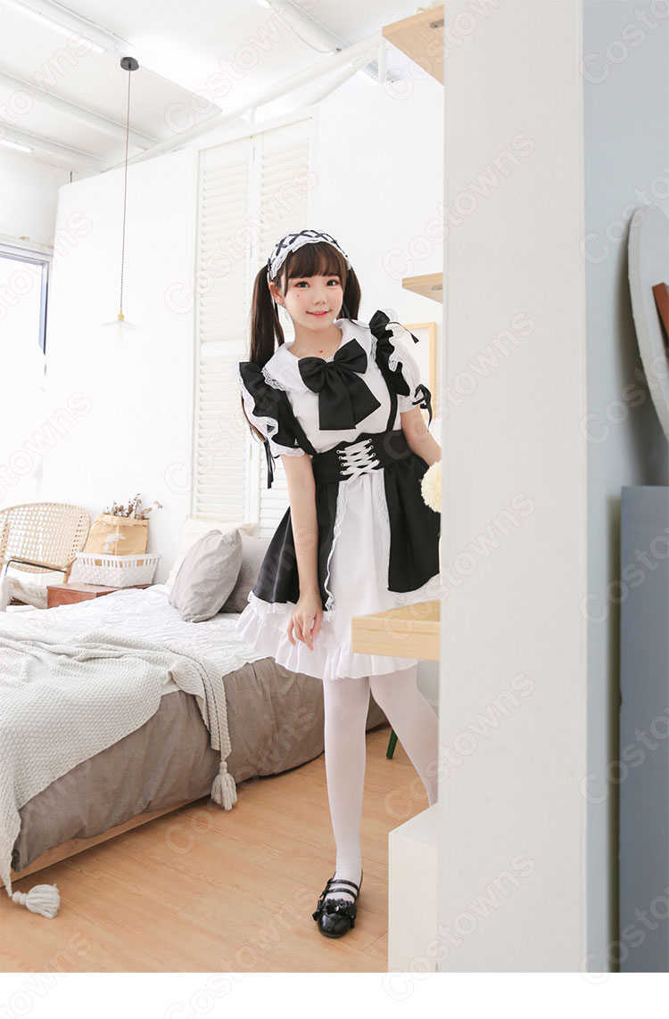 定番白黒メイドコスチューム5点セット甘可愛いデザインにメロメロこちら人気のメイドコスチューム-4