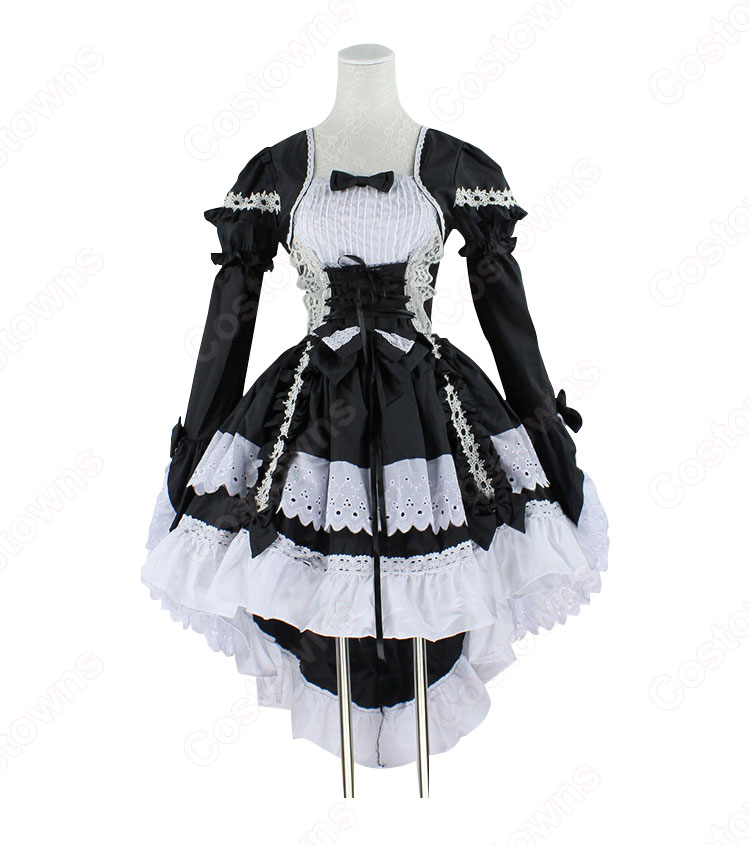 フレンチ 白黒 メイド服 コスチューム 袖が着脱可能 燕尾 半袖 長袖2way ワンピース 変装 Costowns