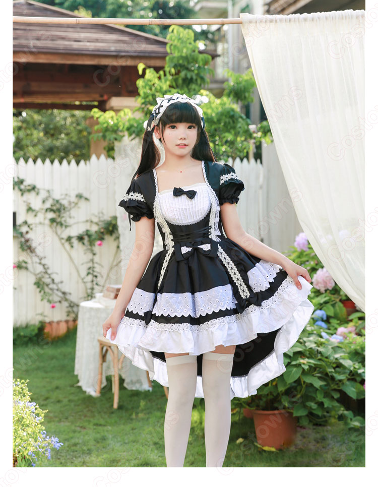 フレンチ 白黒 メイド服 コスチューム 袖が着脱可能 燕尾 ワンピース レディース コスプレ 衣装-2