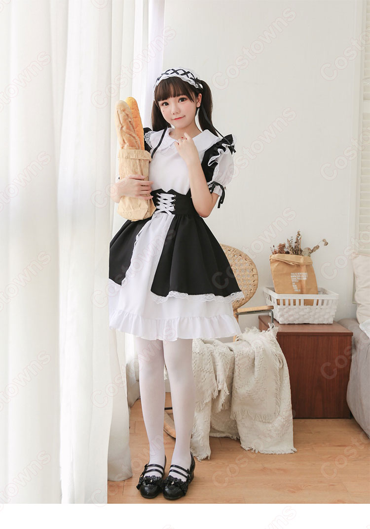 定番白黒メイドコスチューム5点セット甘可愛いデザインにメロメロこちら人気のメイドコスチューム-5