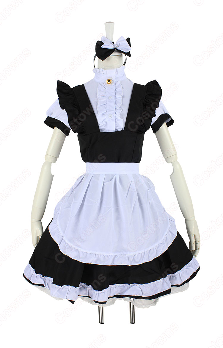 定番白黒メイド コスプレ コスチューム 半袖 ゴスロリ ワンピース 4点セット Costowns 定番白黒メイド コスプレ コスチューム 半袖 ゴスロリ ワンピース 4点セット Costowns