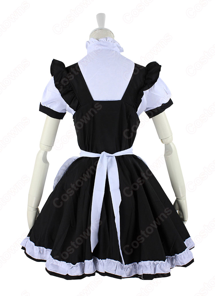 定番白黒メイド コスプレ コスチューム 可愛い かわいい 半袖 ゴスロリ ワンピース 4点セット-2