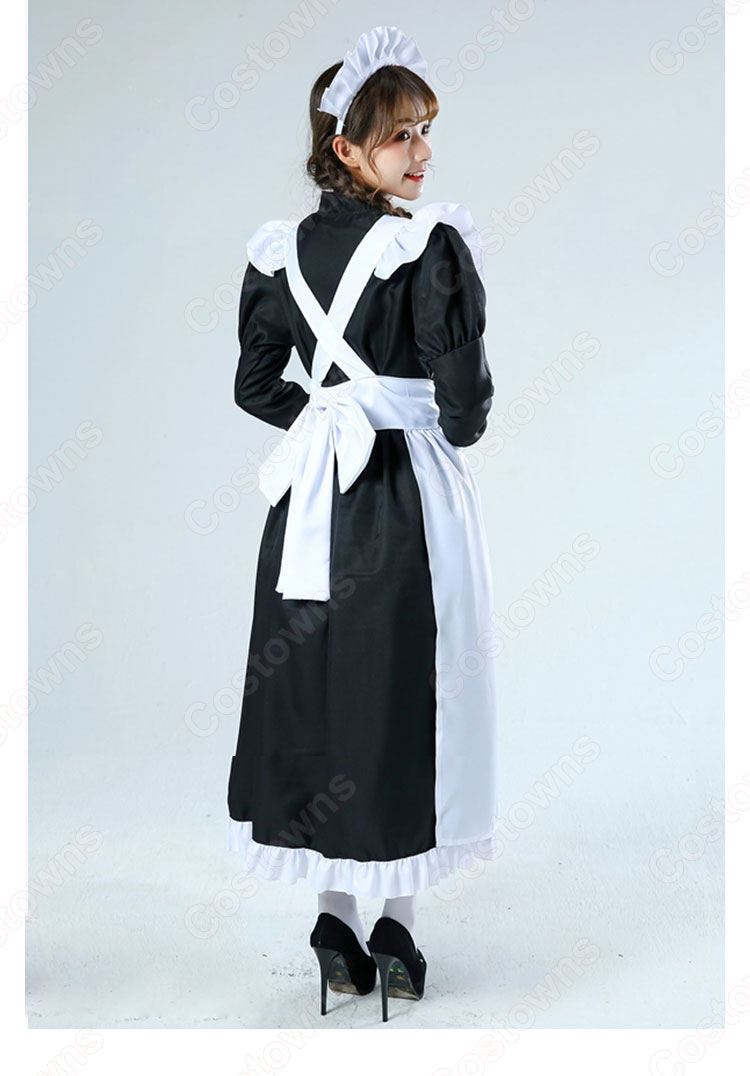 白黒ロング丈メイド服 長袖 こちら人気のメイドコスチューム 白エプロン 黒ワンピース ロング丈が新鮮です-7