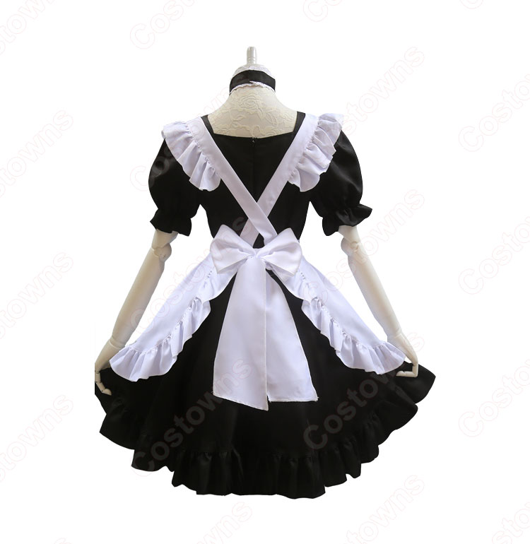 可愛い猫耳メイドな定番型メイド服 4点セット 半袖 ワンピース メイドコスチューム 黒ワンピース 白エプロン-2