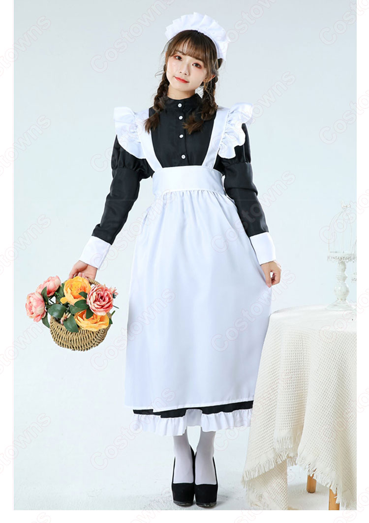 白黒ロング丈メイド服 長袖 こちら人気のメイドコスチューム 白エプロン 黒ワンピース ロング丈が新鮮です-3