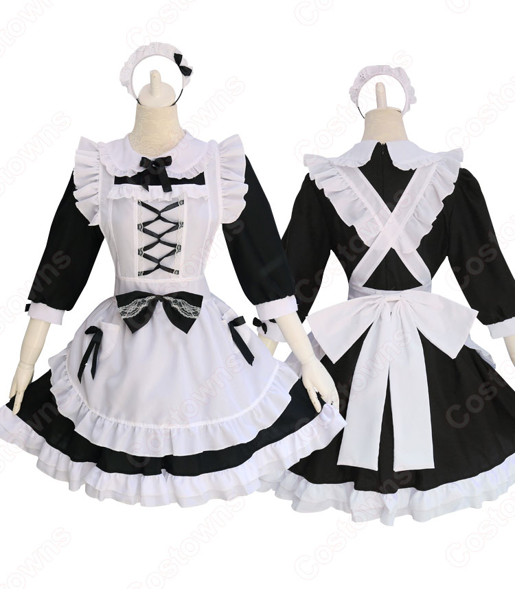 白黒 ロリータ メイド服 定番 メイド コスチューム lolita かわいい コスプレ コスチューム ワンピース-1