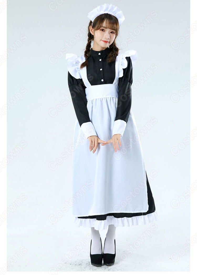 白黒ロング丈メイド服 長袖 こちら人気のメイドコスチューム 白エプロン 黒ワンピース ロング丈が新鮮です-5