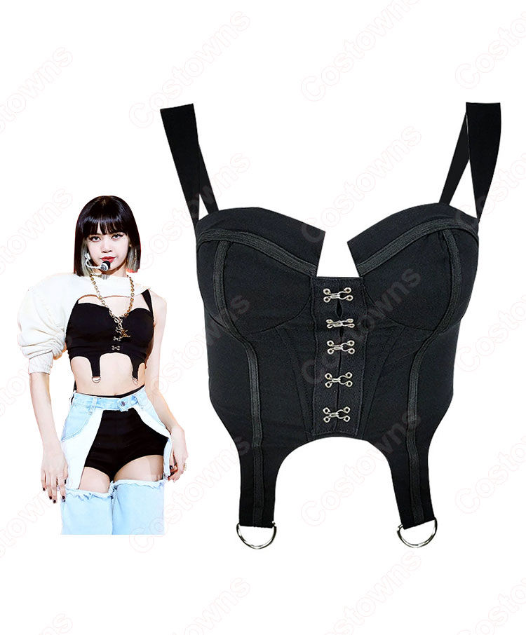 BLACKPINK(ブラックピンク) リサ(LISA) 風 コスプレ 衣装 ジーンズ キャミソール アームカバー ショートパンツ 人気グループ アイドル制服-5