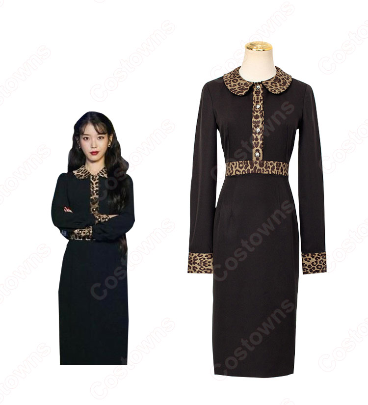 『ホテルデルーナ(호텔 델루나、Hotel Del Luna)』 IU(アイユー) コスプレ衣装 レオパード(ヒョウ柄)ワンピース 丸襟 長袖-2
