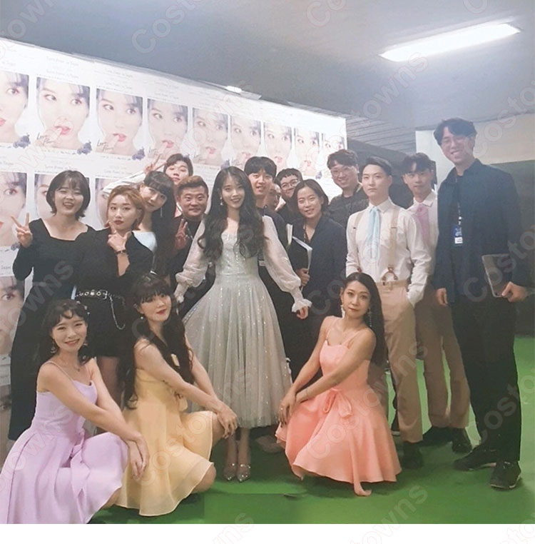 IU(アイユー) 風 ファッション パーティードレス 長袖 ハイウエスト ストライプ ワンピース-1