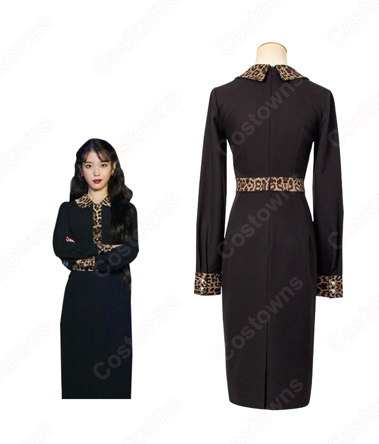 『ホテルデルーナ(호텔 델루나、Hotel Del Luna)』 IU(アイユー) コスプレ衣装 レオパード(ヒョウ柄)ワンピース 丸襟 長袖-4