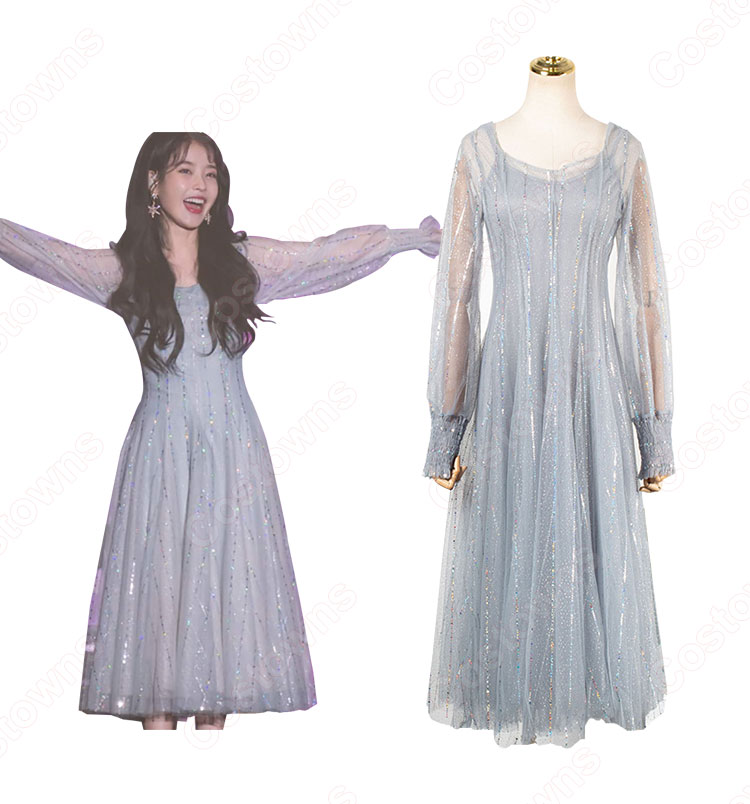 IU(アイユー) 風 ファッション パーティードレス 長袖 ハイウエスト ストライプ ワンピース-3