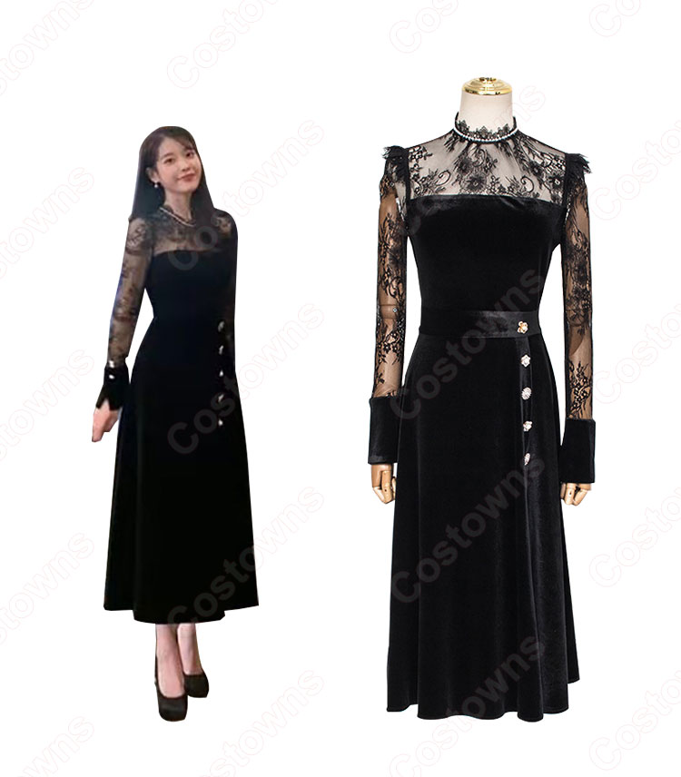 『ホテルデルーナ(호텔 델루나、Hotel Del Luna)』 IU（アイユー） コスプレ衣装 黒ワンピース 丸襟 長袖-2