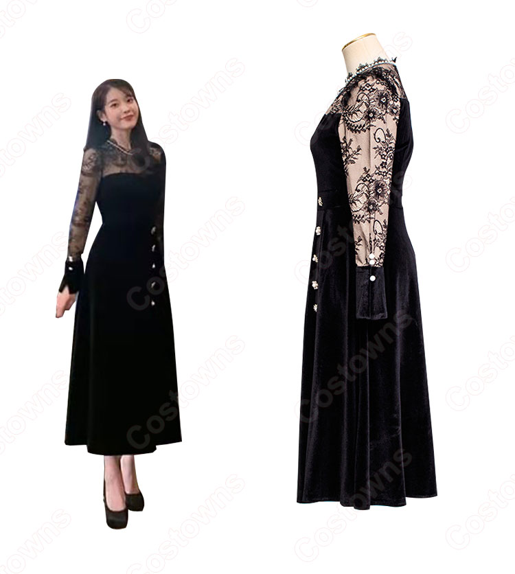 『ホテルデルーナ(호텔 델루나、Hotel Del Luna)』 IU（アイユー） コスプレ衣装 黒ワンピース 丸襟 長袖-3