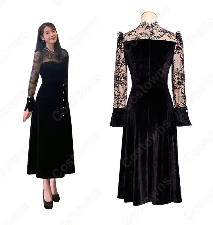 『ホテルデルーナ(호텔 델루나、Hotel Del Luna)』 IU（アイユー） コスプレ衣装 黒ワンピース 丸襟 長袖-4