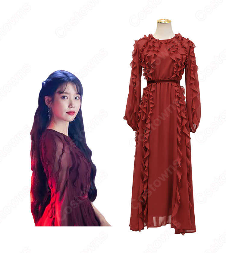 IU（アイユー）ワインレッド パーティードレス ワンピース 長袖 丸襟 『ホテルデルーナ(호텔 델루나、Hotel Del Luna)』 コスチューム 変装-3