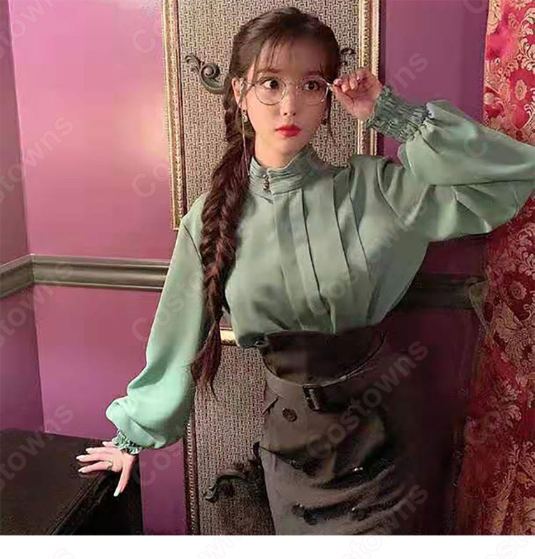 IU(アイユー)風 立ち襟 シャツ グレー ハイウエストスカート 『ホテルデルーナ(호텔 델루나、Hotel Del Luna)』 コスチューム 変装 コスプレ衣装-1