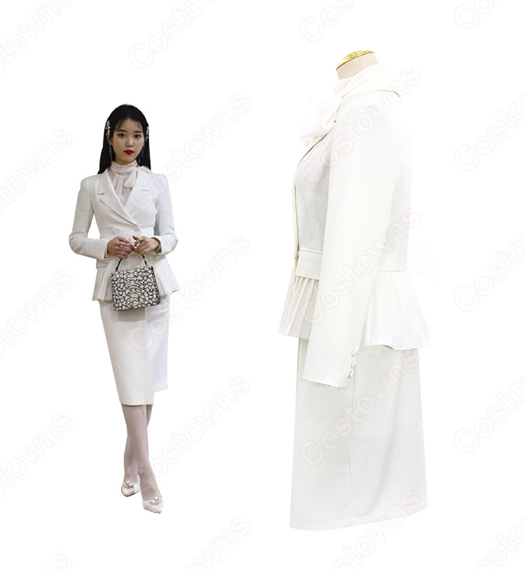 IU(アイユー)風 白のダブルブレストのペプラムスーツ 『ホテルデルーナ(호텔 델루나、Hotel Del Luna)』第1話 コスチューム 変装・仮装・コスプレ衣装-4