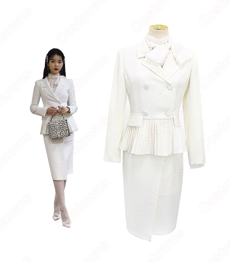IU(アイユー)風 白のダブルブレストのペプラムスーツ 『ホテルデルーナ(호텔 델루나、Hotel Del Luna)』第1話 コスチューム 変装・仮装・コスプレ衣装-3