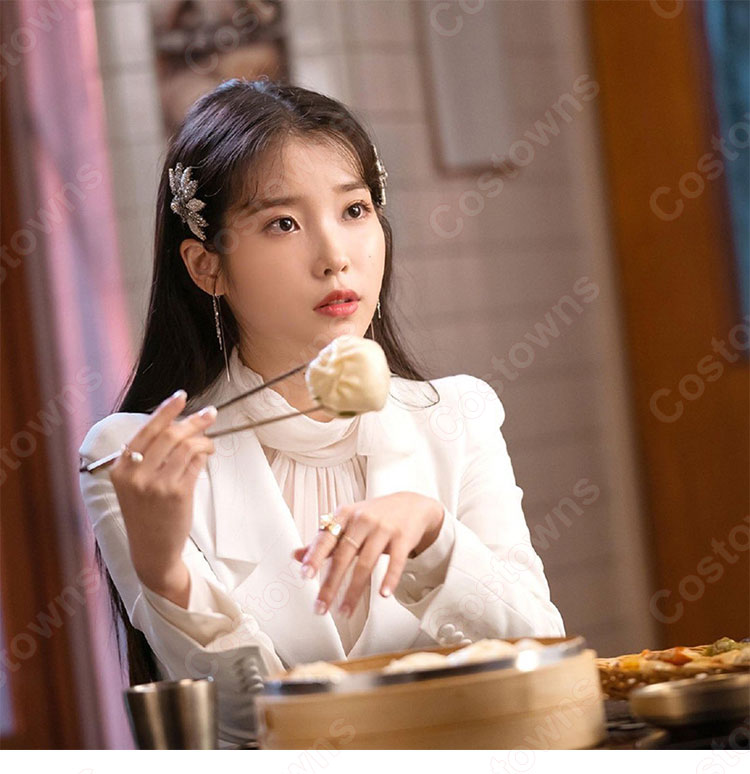 IU(アイユー)風 白のダブルブレストのペプラムスーツ 『ホテルデルーナ(호텔 델루나、Hotel Del Luna)』第1話 コスチューム 変装・仮装・コスプレ衣装-1