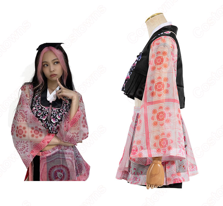 BLACKPINK（ブラックピンク） ジェニー（ 제니 / JENNIE）風 衣装 ピンク 柄プリント 4点セット（ベスト / カーディガン / スカート / ショーツ）-5