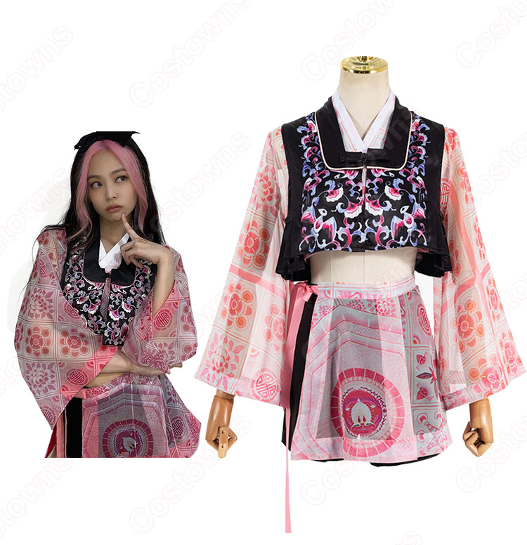 BLACKPINK（ブラックピンク） ジェニー（ 제니 / JENNIE）風 衣装 ピンク 柄プリント 4点セット（ベスト / カーディガン / スカート / ショーツ）-4