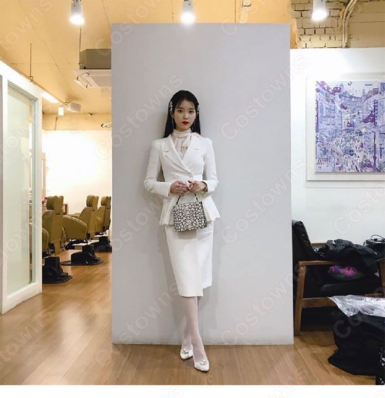 IU(アイユー)風 白のダブルブレストのペプラムスーツ 『ホテルデルーナ(호텔 델루나、Hotel Del Luna)』第1話 コスチューム 変装・仮装・コスプレ衣装-2