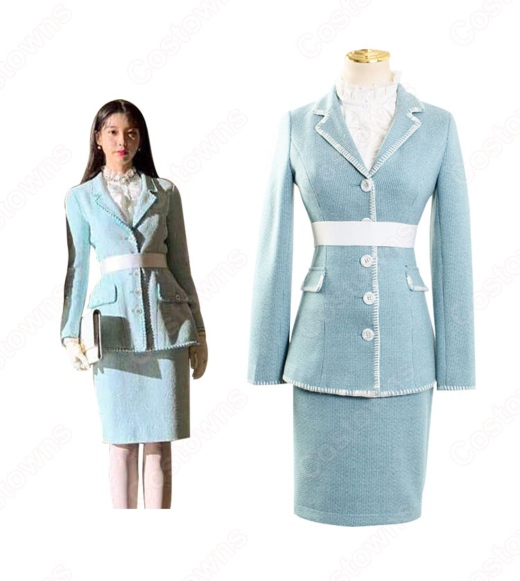 IU（アイユー）風 青スーツ コート スカート レースシャツ 『ホテルデルーナ(호텔 델루나、Hotel Del Luna)』 コスチューム 変装 コスプレ衣装-3