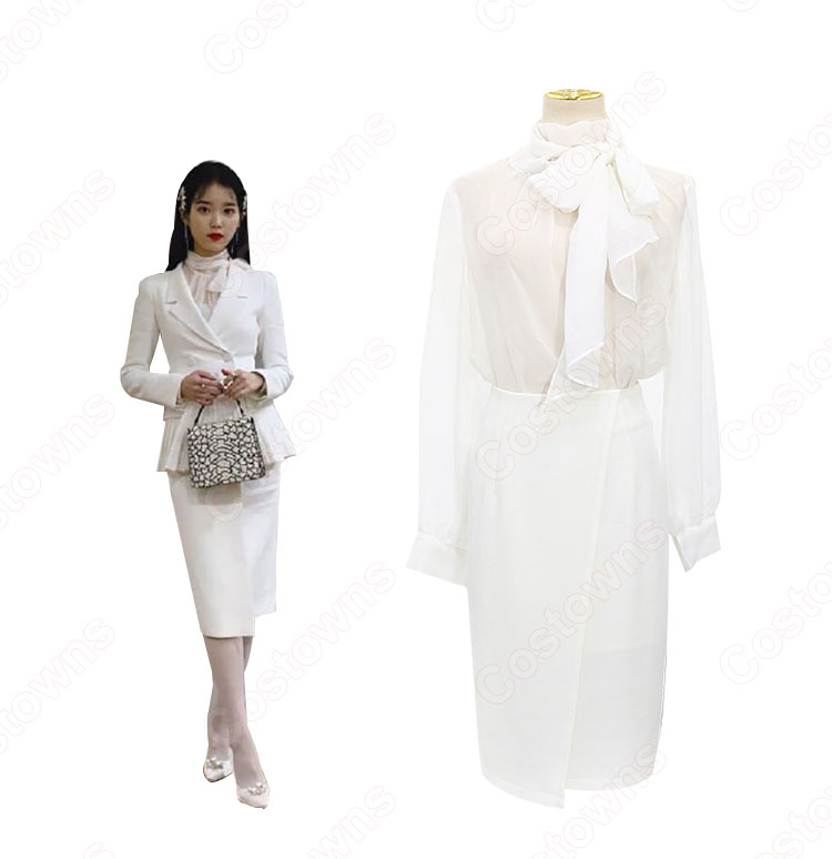 IU(アイユー)風 白のダブルブレストのペプラムスーツ 『ホテルデルーナ(호텔 델루나、Hotel Del Luna)』第1話 コスチューム 変装・仮装・コスプレ衣装-6