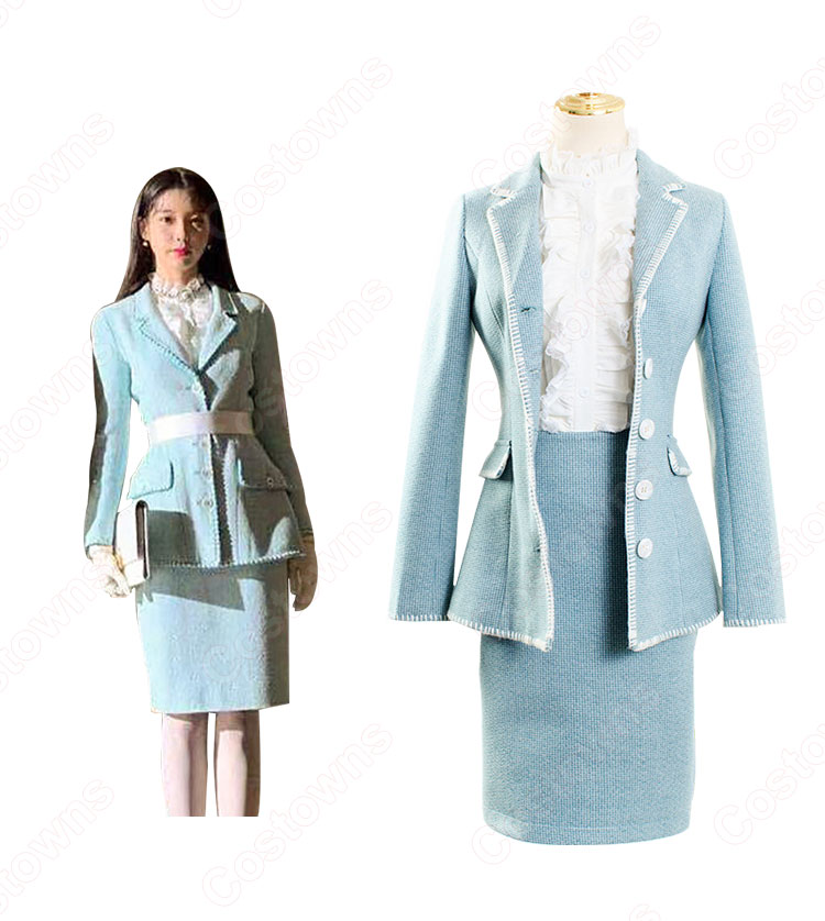 IU（アイユー）風 青スーツ コート スカート レースシャツ 『ホテルデルーナ(호텔 델루나、Hotel Del Luna)』 コスチューム 変装 コスプレ衣装-5