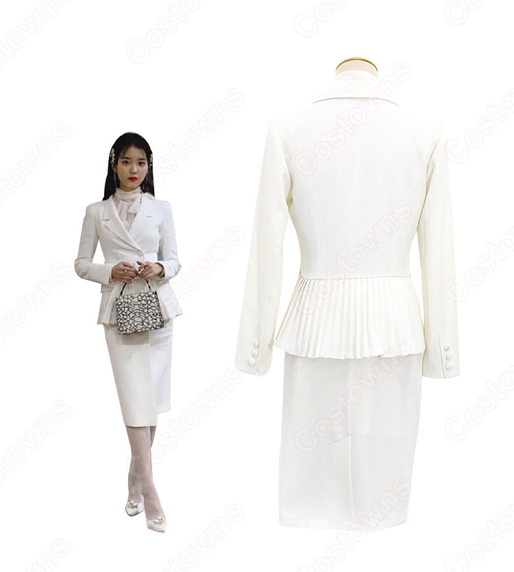 IU(アイユー)風 白のダブルブレストのペプラムスーツ 『ホテルデルーナ(호텔 델루나、Hotel Del Luna)』第1話 コスチューム 変装・仮装・コスプレ衣装-5