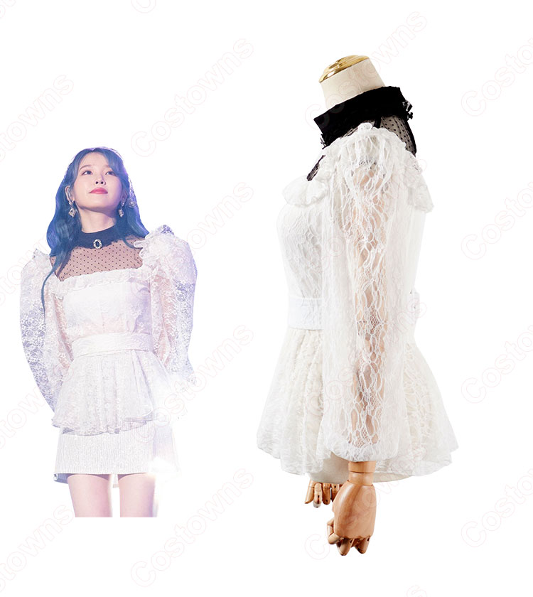 IU(アイユー)の透明感あふれる韓国風 白 レース フリル トップス 私服-4