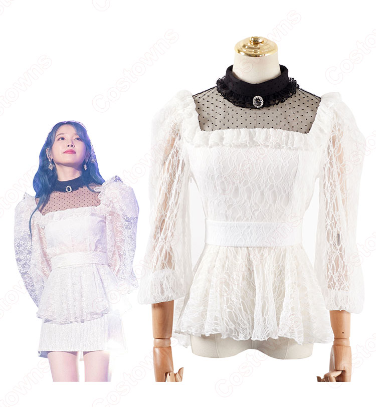 IU(アイユー)の透明感あふれる韓国風 白 レース フリル トップス 私服-3