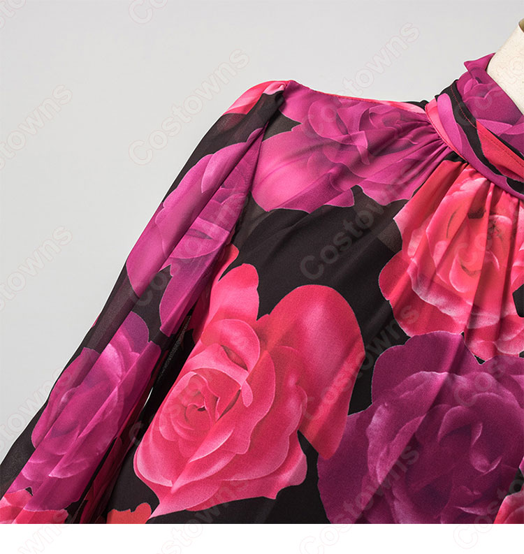 IU(アイユー)風 フローラルプリントブラウス ハーフ(長袖/スカーフ・カラー) スカート(黒)-9