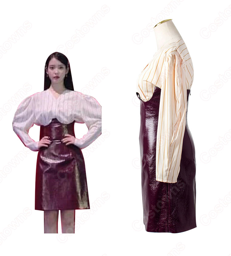 IU（アイユー）風 ストライプシャツ ハーフスカート(ワインレッド) 『ホテルデルーナ(호텔 델루나、Hotel Del Luna)』 コスプレ衣装-2