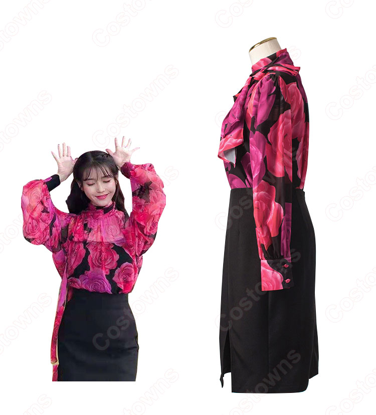 IU(アイユー)風 フローラルプリントブラウス ハーフ(長袖/スカーフ・カラー) スカート(黒)-3