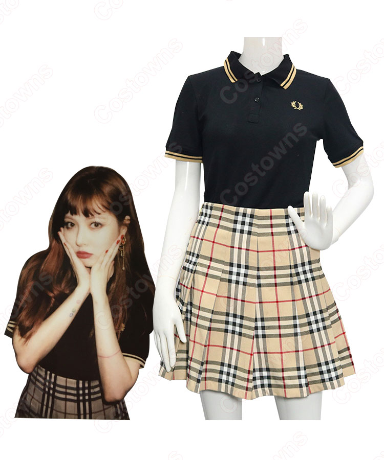 キム・ヒョナ(金泫雅、김현아、Kim Hyun Ah )風 半袖Tシャツ(黒) プリーツ スカート チェック(イエロー) Wonder Girls(ワンダーガールズ) 衣装-1