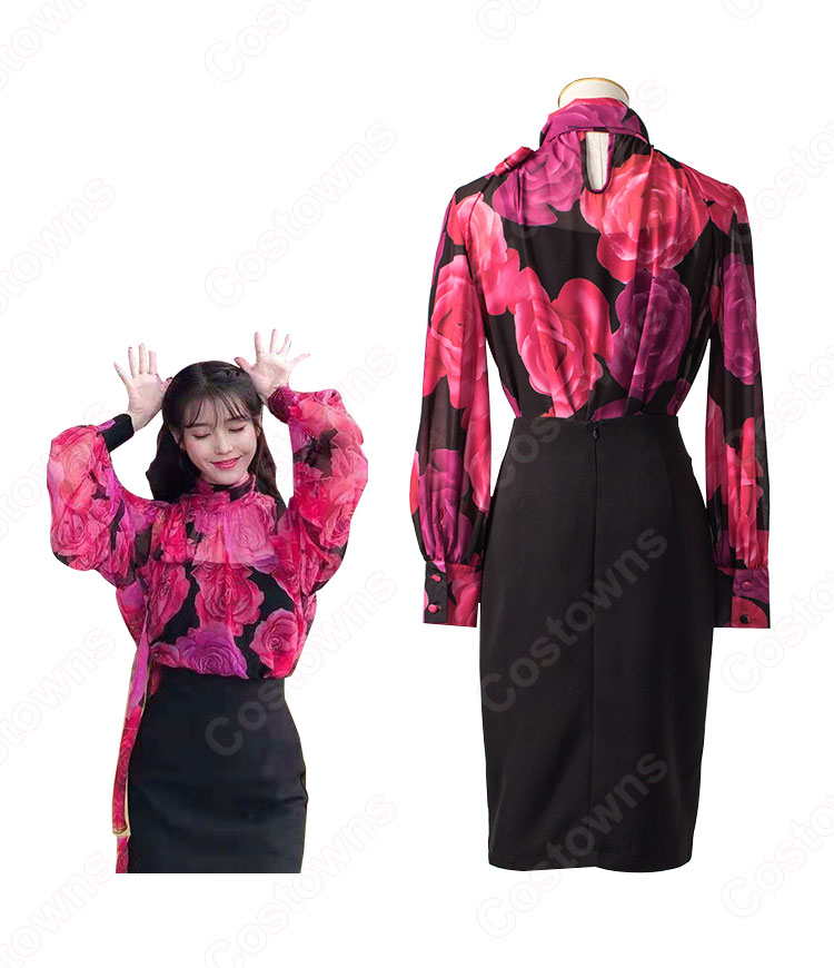 IU(アイユー)風 フローラルプリントブラウス ハーフ(長袖/スカーフ・カラー) スカート(黒)-4