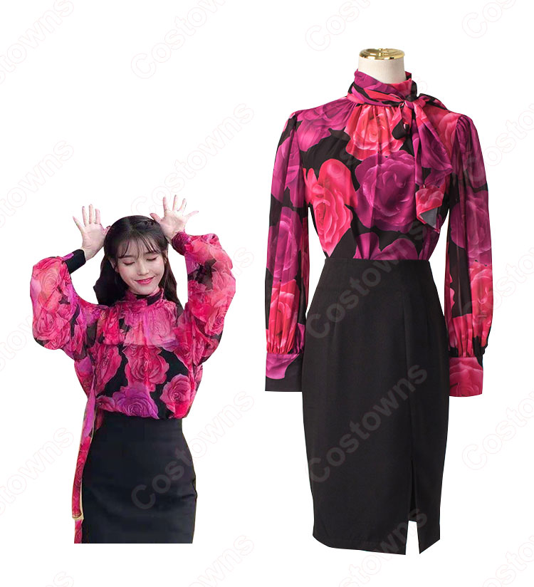 IU(アイユー)風 フローラルプリントブラウス ハーフ(長袖/スカーフ・カラー) スカート(黒)-2