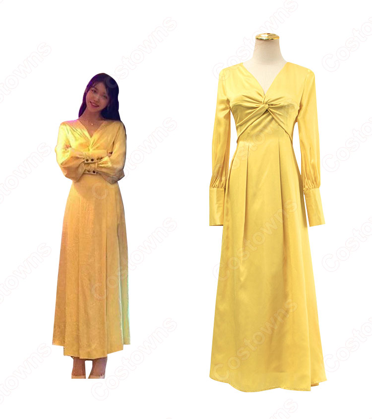 IU(アイユー)風 ワンピース イエロー/ロングドレス/ランタン袖 /Vネック ホテルデルーナ(호텔 델루나、Hotel Del Luna)』 チャン・マンウォル 衣装-4