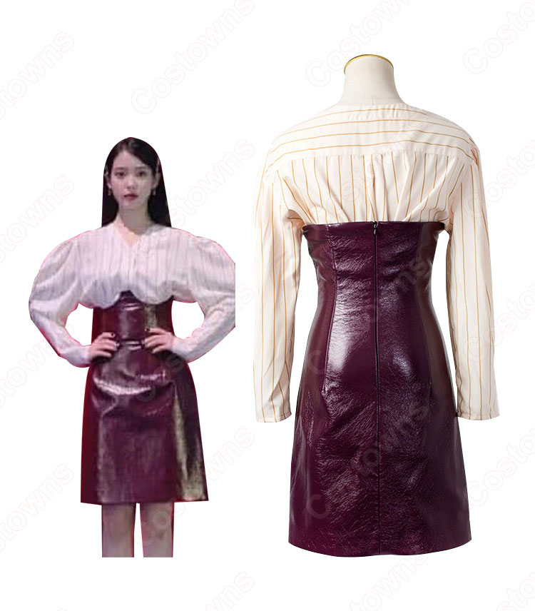 IU（アイユー）風 ストライプシャツ ハーフスカート(ワインレッド) 『ホテルデルーナ(호텔 델루나、Hotel Del Luna)』 コスプレ衣装-3