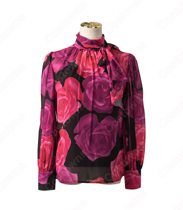 IU(アイユー)風 フローラルプリントブラウス ハーフ(長袖/スカーフ・カラー) スカート(黒)-5