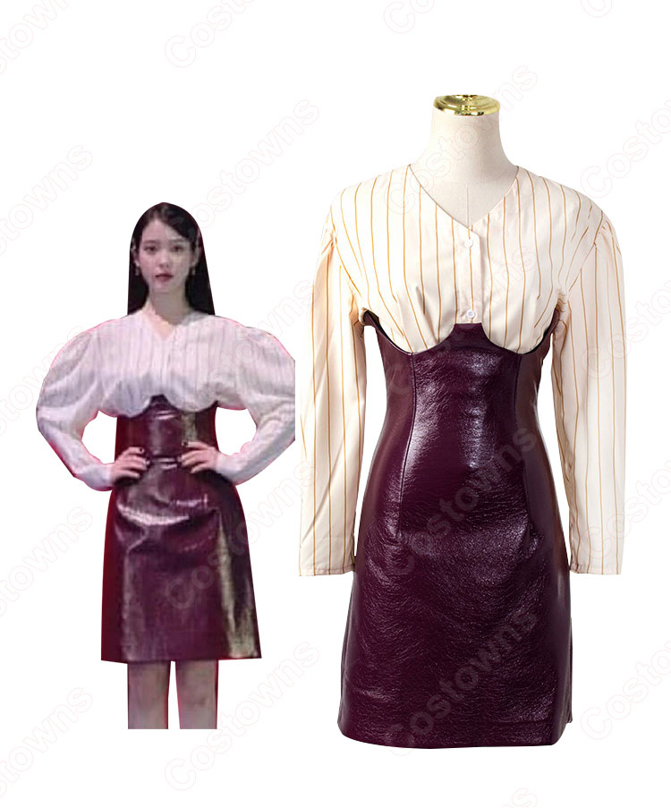 IU（アイユー）風 ストライプシャツ ハーフスカート(ワインレッド) 『ホテルデルーナ(호텔 델루나、Hotel Del Luna)』 コスプレ衣装-1