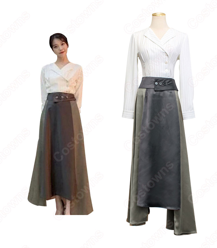 IU(アイユー)風 ストライプシャツ(7分袖) ミディスカート セットアップ 『ホテルデルーナ(호텔 델루나、Hotel Del Luna)』第15話 チャン・マンウォル コスチューム 変装・仮装・コスプレ衣装-3