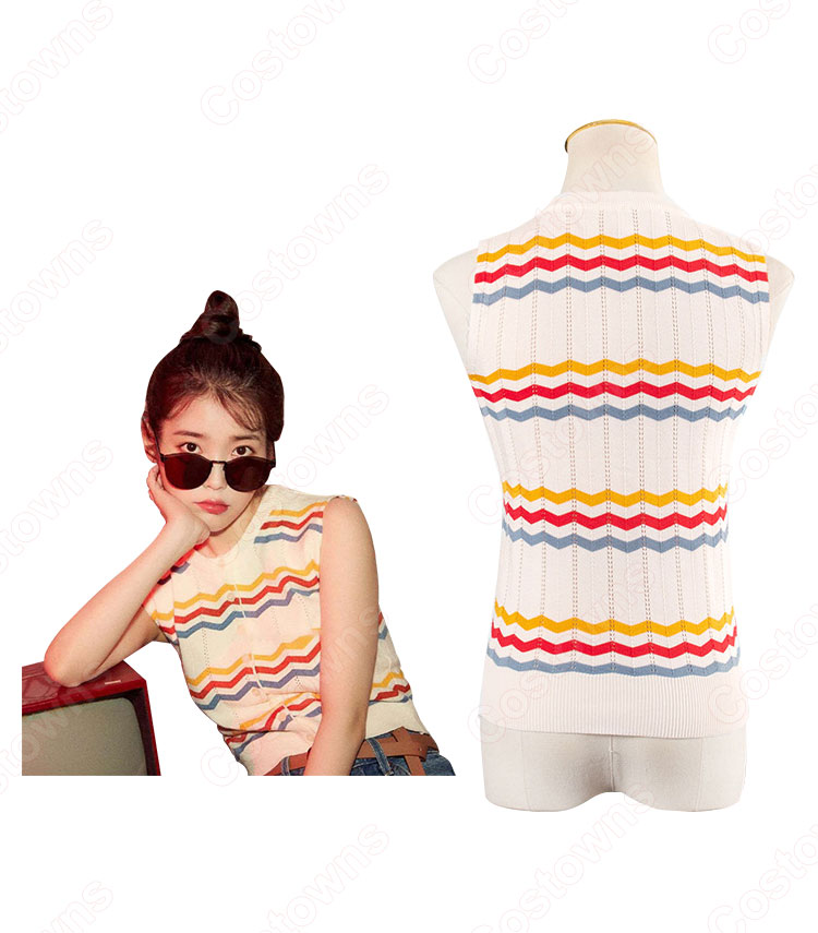 IU(アイユー)風 ストライプシャツ ニット・セーター(カーディガン / ノースリーブ )-4