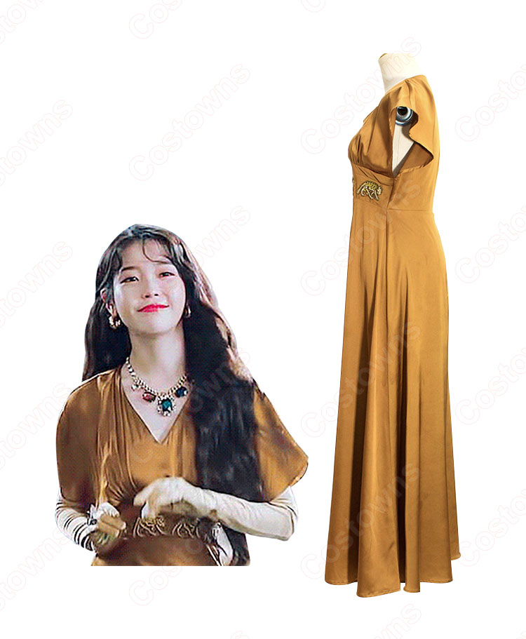 IU（アイユー）風 ワンピース Aラインスカート 半袖/Vネック/ハイウエスト/フリル 袖 『ホテルデルーナ(호텔 델루나、Hotel Del Luna)』第3話 チャン・マンウォル コスチューム 変装・仮装・コスプレ衣装-3