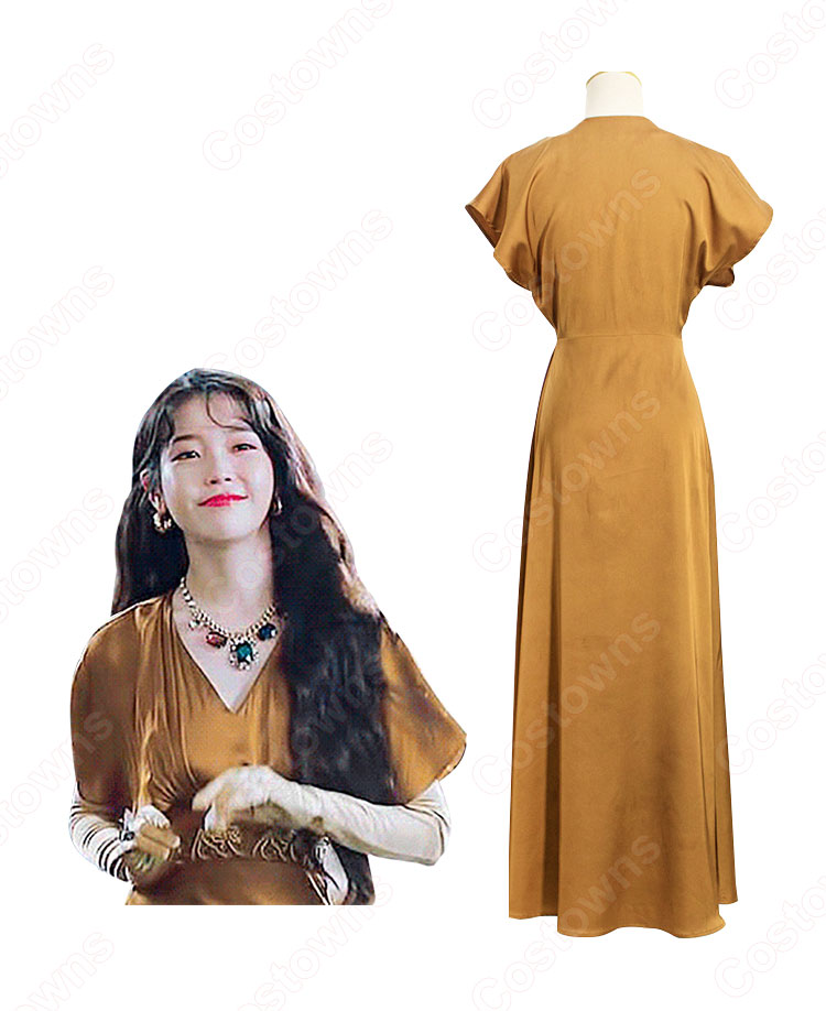 IU（アイユー）風 ワンピース Aラインスカート 半袖/Vネック/ハイウエスト/フリル 袖 『ホテルデルーナ(호텔 델루나、Hotel Del Luna)』第3話 チャン・マンウォル コスチューム 変装・仮装・コスプレ衣装-4