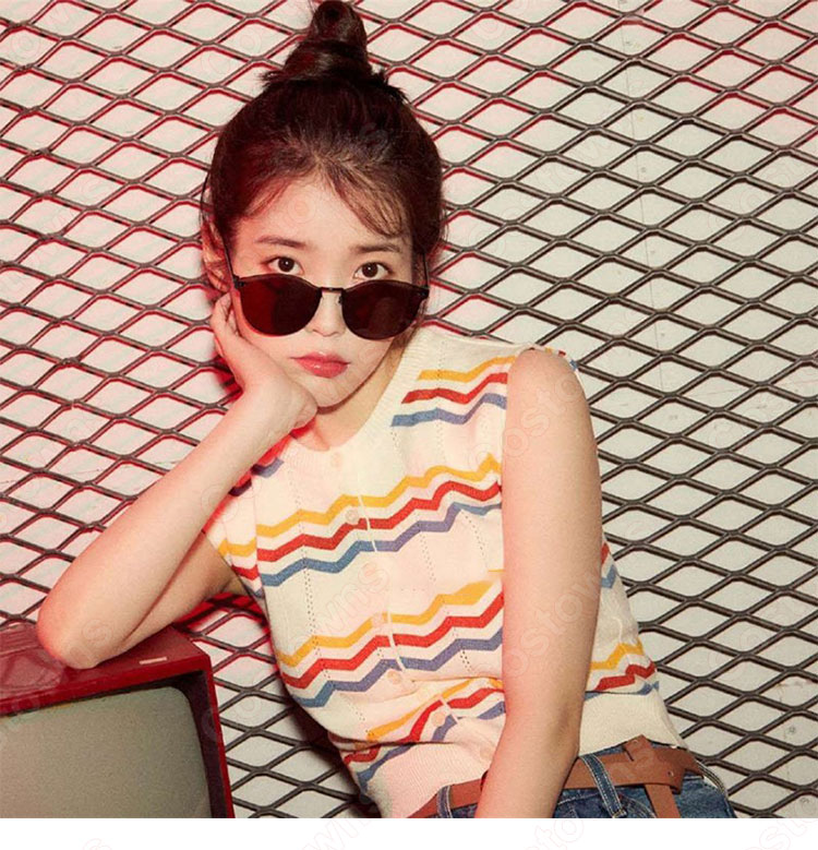 IU(アイユー)風 ストライプシャツ ニット・セーター(カーディガン / ノースリーブ )-1